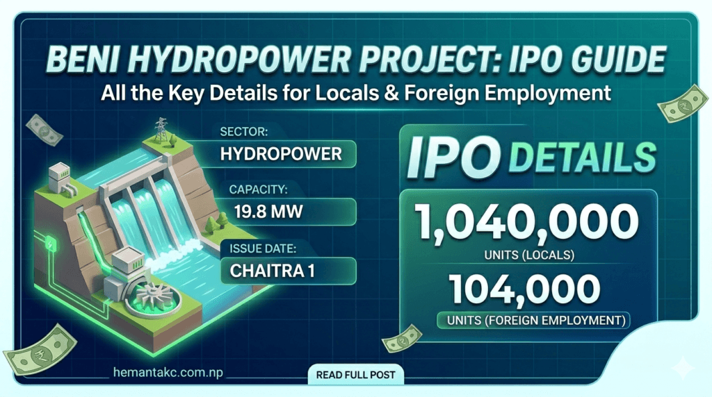 Beni Hydropower Project IPO details infographic showing 19.8 MW capacity and unit allocation for locals and foreign employment.