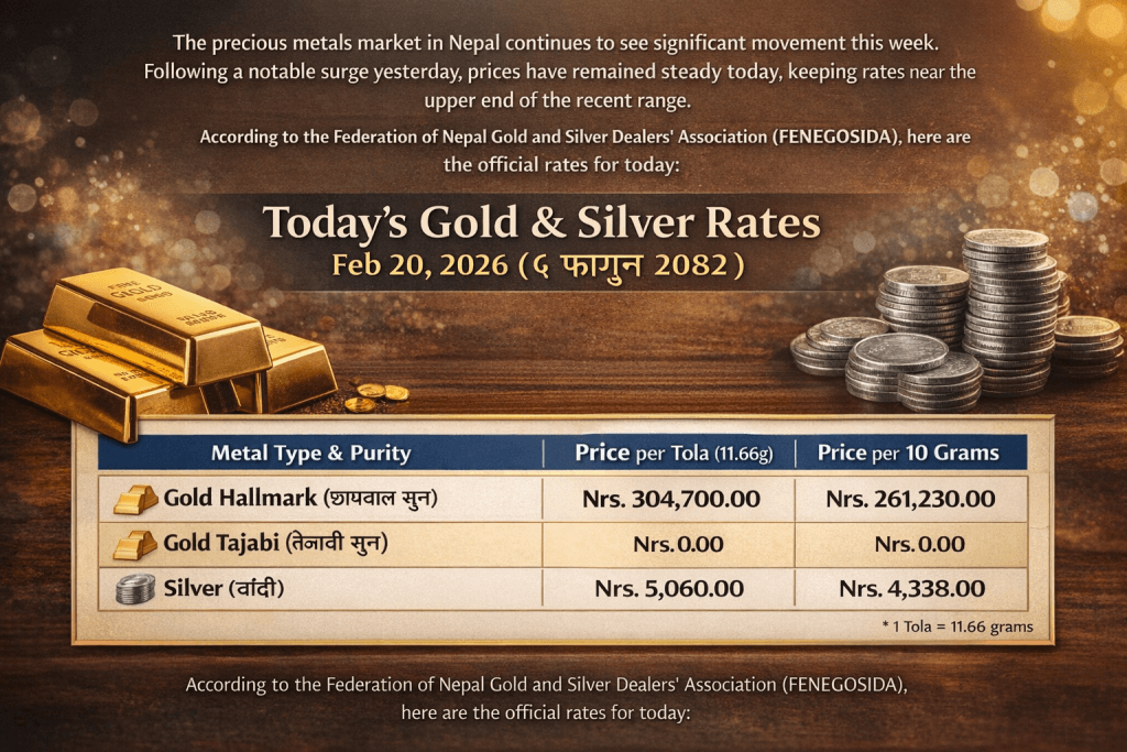 Stay updated with the latest gold and silver rates in Nepal for Feb 20, 2026. Fine gold is trading at Rs. 304,700 per tola. Check today's Hallmark and Silver prices per tola and 10g.