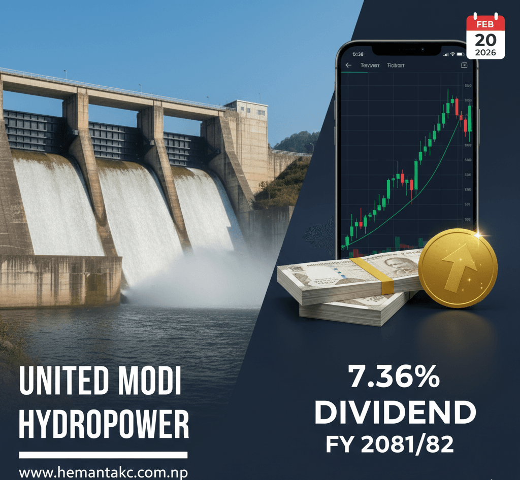 United Modi Hydropower Limited (UMHL) proposes a 7% bonus share and 0.36842% cash dividend for FY 2081/82. Get the full dividend details and market update here.
