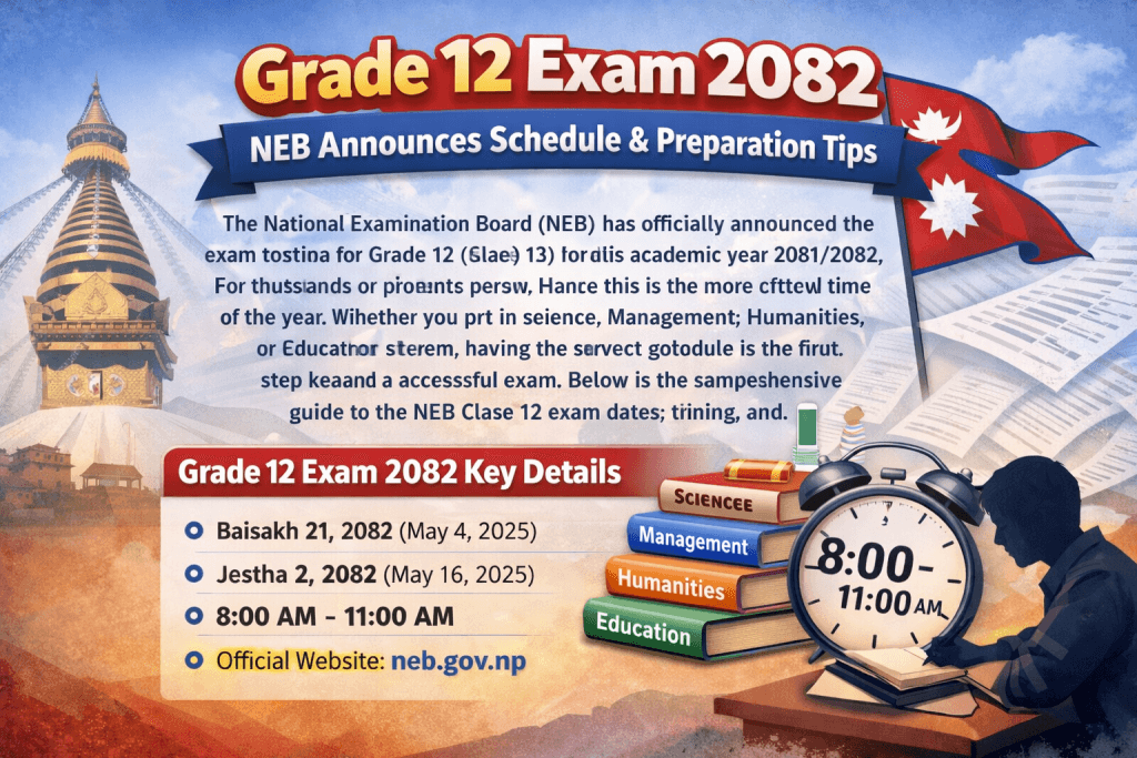 Get the official NEB Grade 12 Exam Routine 2082 here. Check Baisakh 21 start dates for Science, Management & Humanities, exam timing, and expert prep tips.